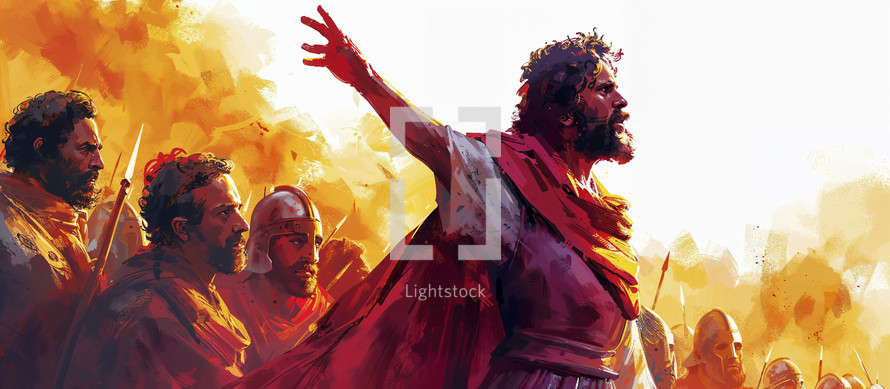 A vibrant painting of Joshua inspiring the Israelites with a rousing speech, set against a backdrop of the Promised Land.