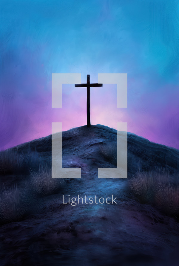 A symbolic cross stands on a hill under a dramatic twilight sky, representing Christian faith and spirituality, with deep blue and purple tones enhancing the serene atmosphere.