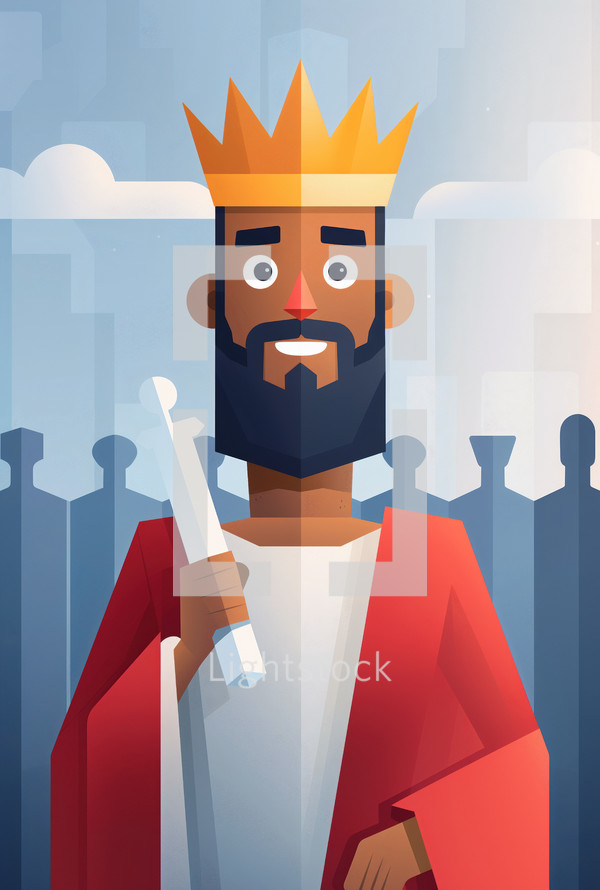 Childlike illustration of biblical King David, depicted with a crown and scroll, characterized by a vibrant and playful style, ideal for educational or religious content.