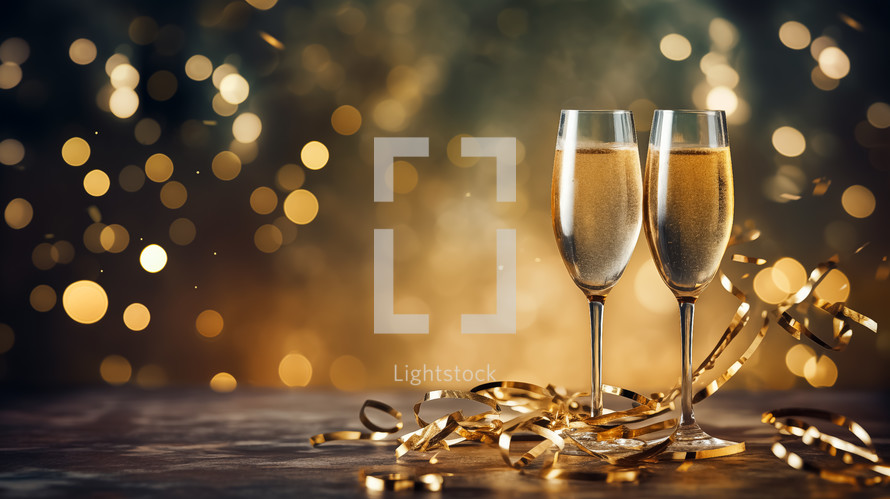 Composition of New Year celebration background with champagne glasses.