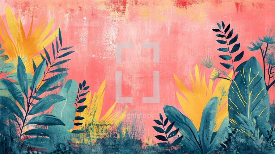Tropical botanical illustration with textured pink background and vibrant plant silhouettes in yellow and green.