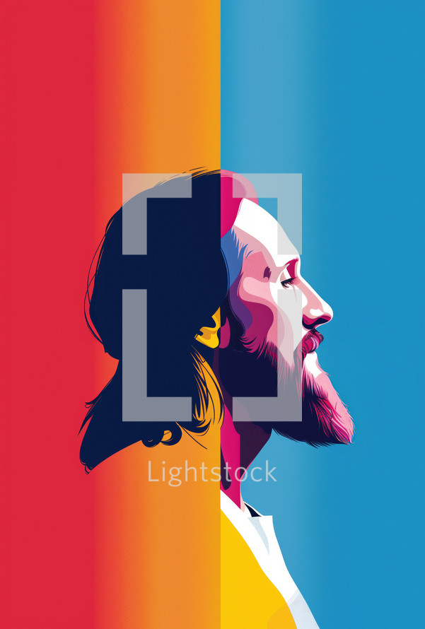 Pop art-style profile of a bearded man with vibrant colors, combining modern design elements with abstract religious symbolism.