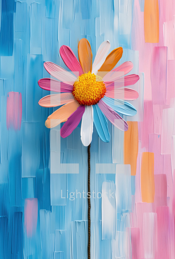 Colorful pop art flower with textured petals and center against a vibrant blue, pink, and orange abstract background.