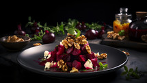Abstract art. Colorful painting art of an exquisite plate of food. Beetroot salad with goat cheese and walnuts.