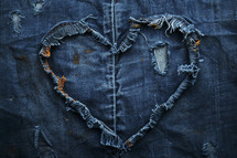 Heart-shaped denim art made from ripped jeans on a blue fabric background, representing love and recycled fashion.