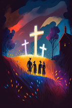 Abstract art. Colorful painting art of three crosses on a hill and a church. Christian illustration.