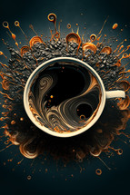 Colorful painting art of a cup of coffee with coffee beans.