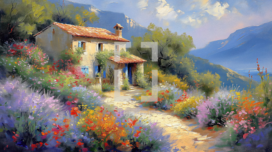 Impressionist vintage painting of a charming country house surrounded by a vibrant garden in full bloom and scenic mountain views.