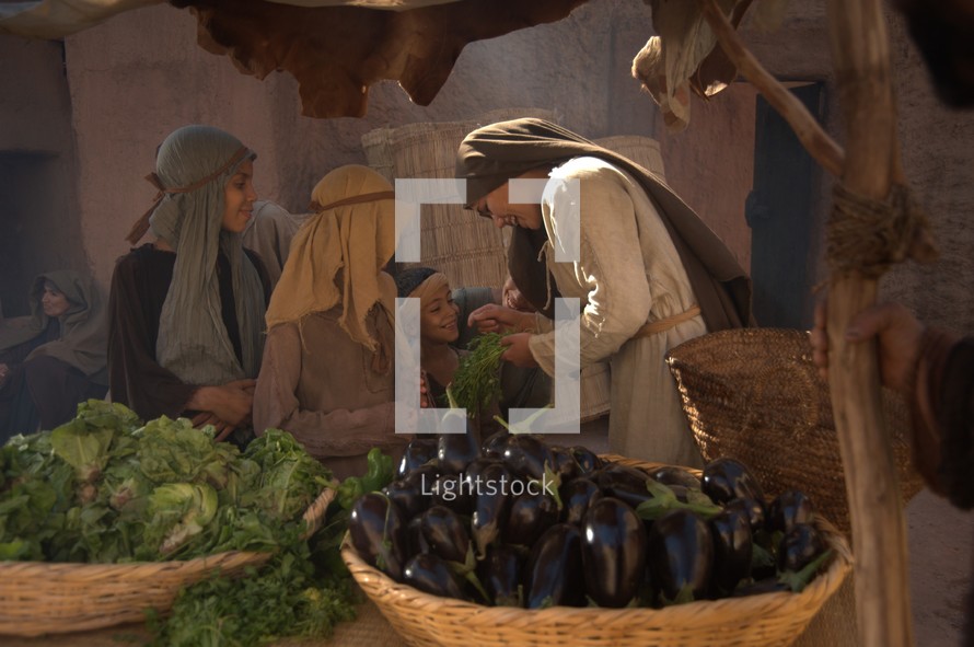a man selling vegetables at the market in biblical times 