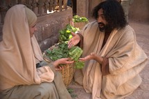 Jesus talking to a woman in the market in temple court 