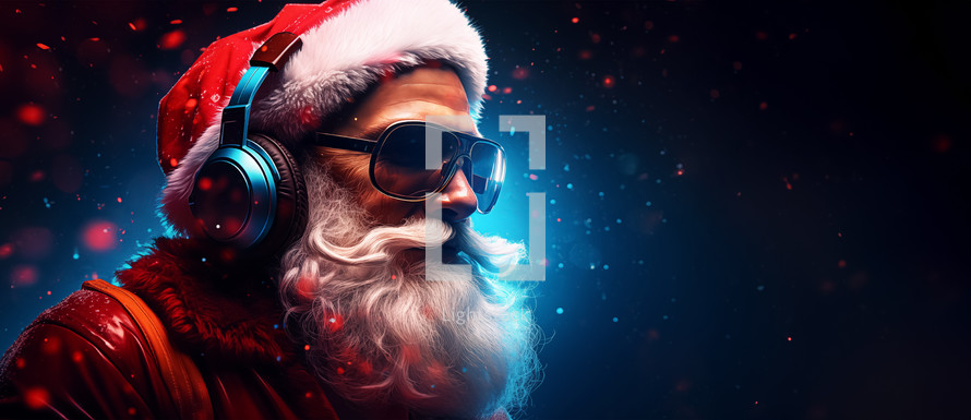 Portrait of modern Santa Claus with sunglasses and headphone.
