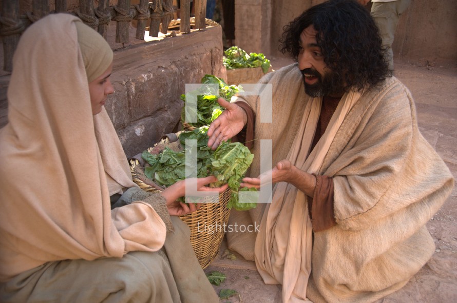 Jesus talking to a woman in the market in temple court 
