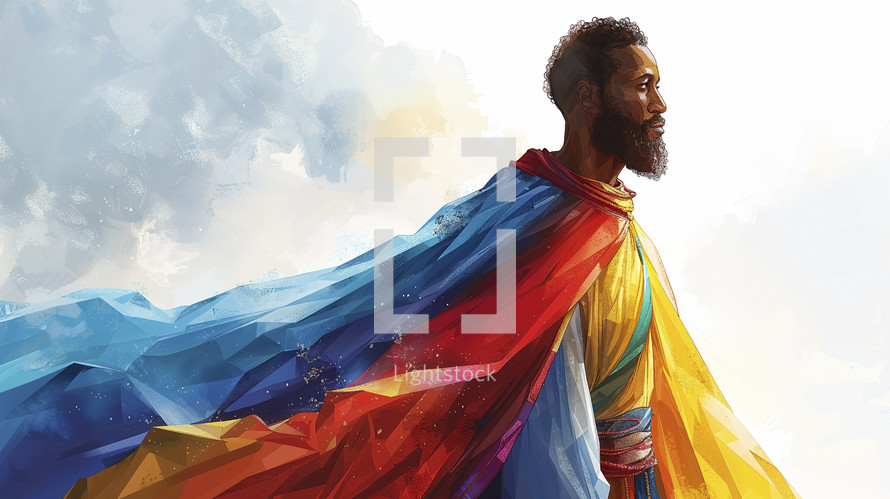 Vibrant digital art of biblical Joseph in his multicolored robe.