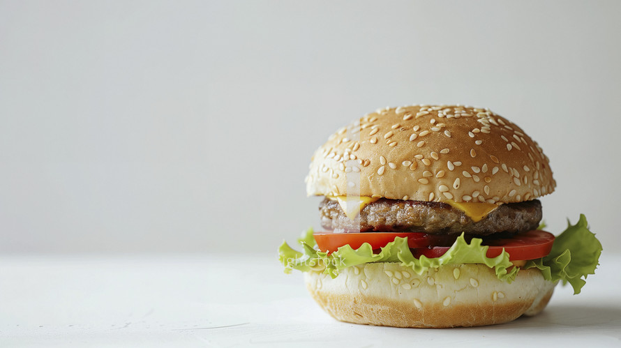 Close-up image of a classic cheeseburger with a juicy beef patty, melted cheese, fresh tomato slices, crisp lettuce, and a sesame seed bun.