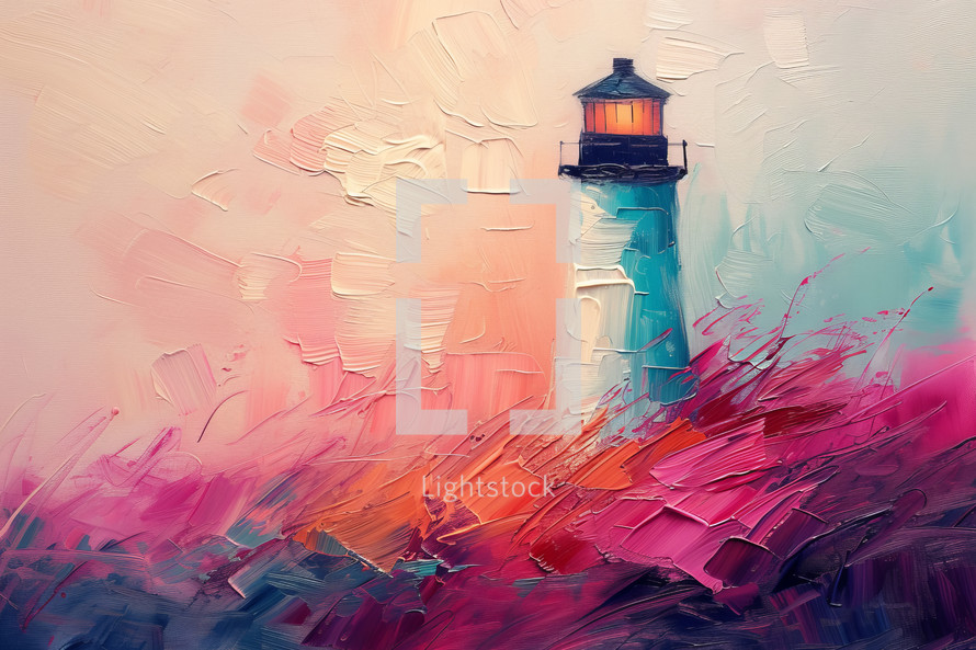 Impressionistic painting of a lighthouse overlooking dunes, with a soft, pastel color palette and bold brushstrokes.