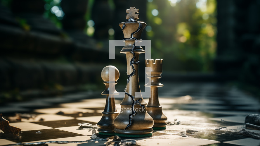 Conceptual image of king chess piece breaking into pieces. 