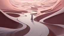 Surreal image of a woman walking down a winding unknown path. 