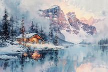 Secluded Alpine hut on a serene winter's evening with radiant mountain peaks reflected in a still lake.