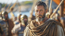 Weathered man as biblical Apostle Paul aboard a Roman ship, bound for Rome, surrounded by soldiers.