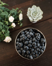 bowl of blueberries, roses, succulent plant