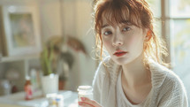 Woman with medication, pensive look, cozy home environment.