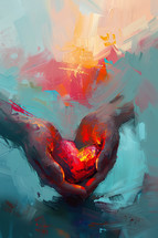 Impressionistic depiction of hands cradling a glowing heart, representing God's love, with vivid and emotive brushstrokes.