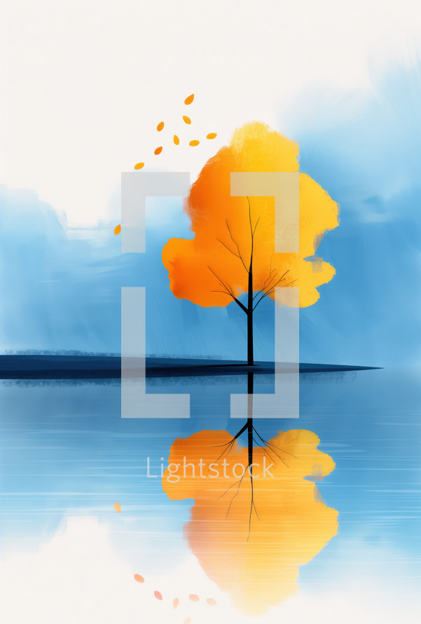 Minimalist autumn scene with a solitary tree and falling leaves reflected in calm water, set against a serene blue background.