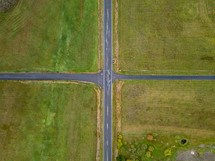 aerial view over a rural intersection 