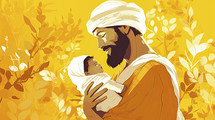 Colorful painting art portrait of a father holding his son in his arms. Abraham and Isaac. Joseph and Jesus. Yellow background.