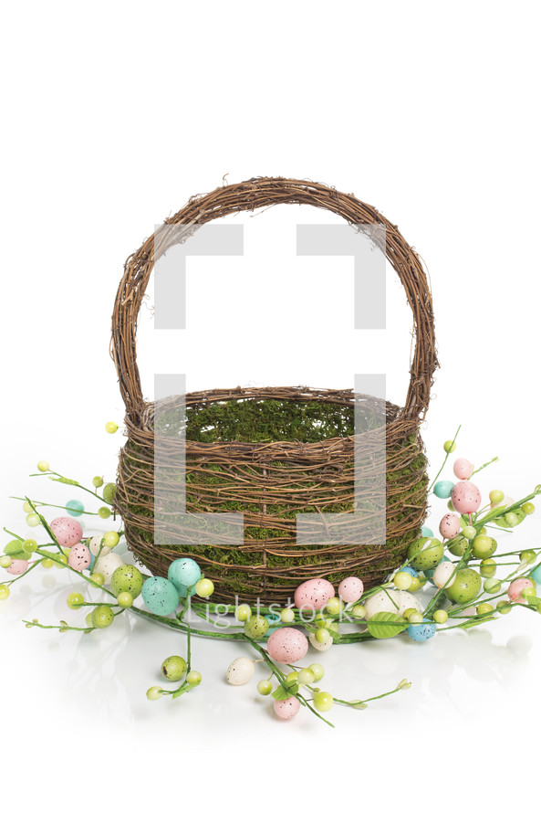 moss in a basket and Easter garland 
