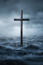 A black cross emerging from stormy waters under a dark, cloudy sky, symbolizing faith, resilience, and hope amidst adversity. Ideal for religious events and inspirational posters.
