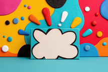 Vibrant pop art style abstract composition with bold shapes and colors, featuring a cloud-like figure on canvas.