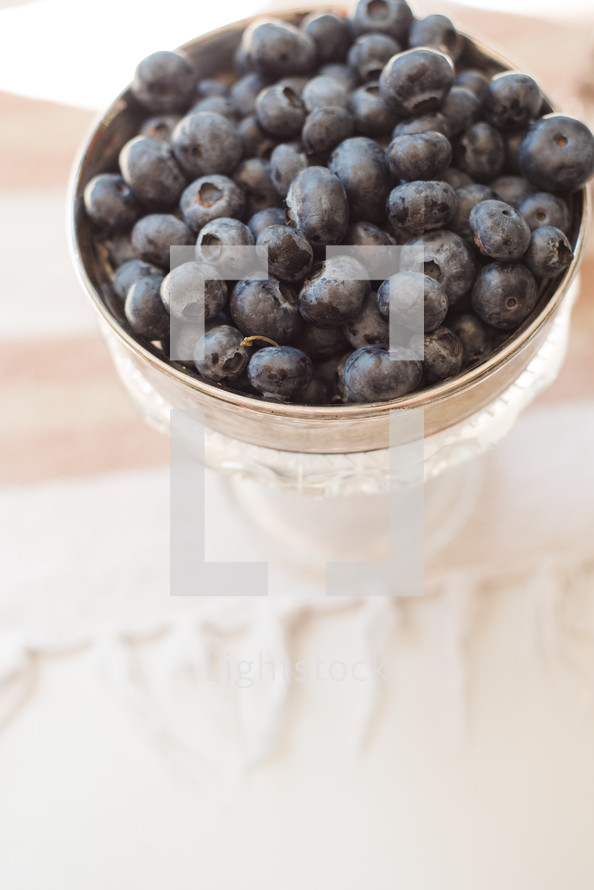 silver bowl of blueberries 