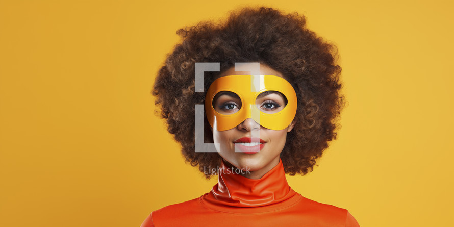 Vibrant young Afro-European woman in superhero outfit with an orange mask, exuding confidence and strength on a yellow background.