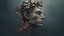 Man head statue made of stone breaking apart. Conceptual image. 