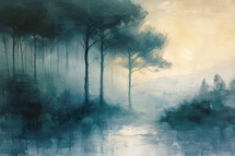 Misty forest with silhouetted trees and soft morning light, evoking a sense of calm and mystery.