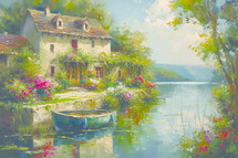 Idyllic riverside country house enveloped in lush gardens and blooming flowers, with serene water and boats in the background.
