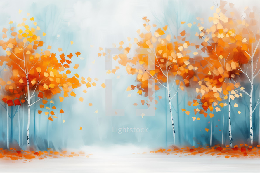 Impressionist-style autumn scene with birch trees and vibrant orange leaves against a misty blue background, evoking serene beauty.