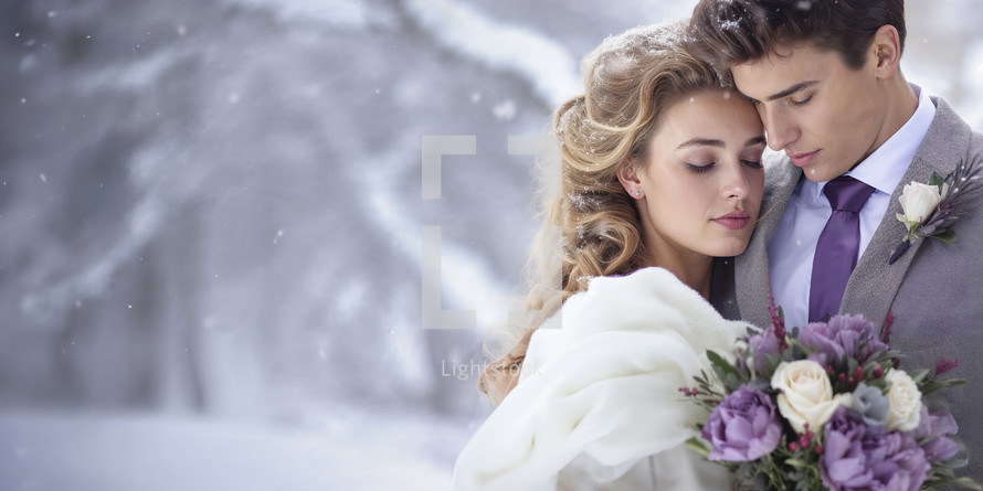Tender moment between a bride and groom in a snowy winter landscape.