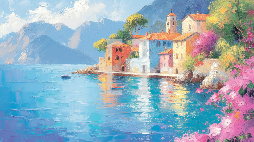 Vivid coastal village painting, drenched in sunlight with turquoise waters, blossoming flora, and historic architecture.