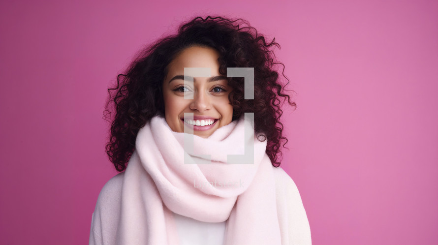 Smiling young woman in winter scarf against pink background.