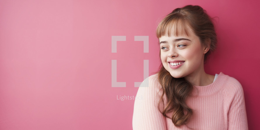 Happy young woman with Down syndrome against a vibrant pink background.