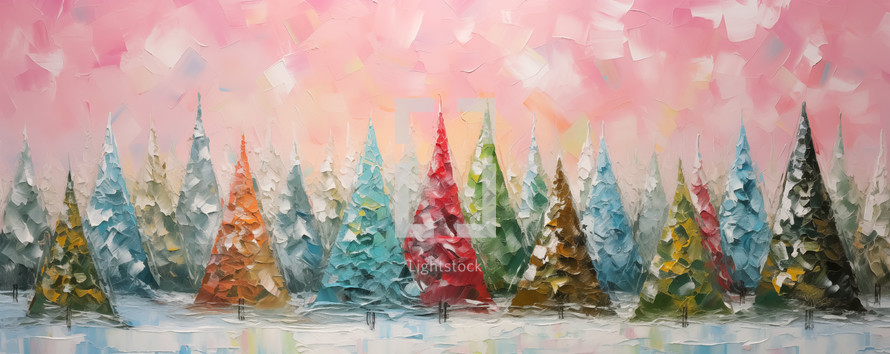 Colorful painting of Christmas background with trees. Merry Christmas. Happy New Year.