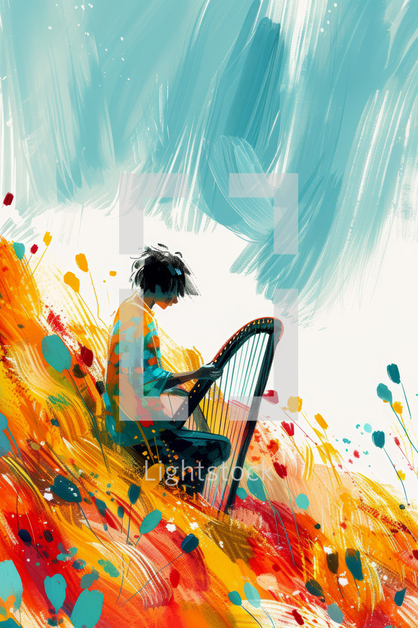 Expressive painting of young David playing the harp, captured in bold impressionist strokes of blue and orange.