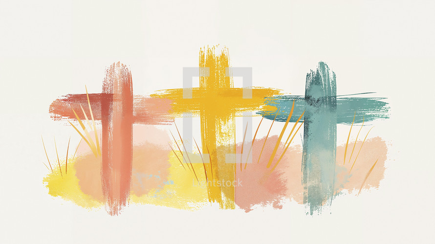 Abstract depiction of the Crucifixion, with three textured crosses, symbolizing Easter and Jesus' sacrifice.