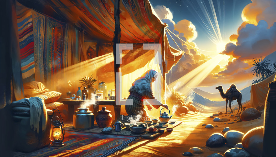 Illustration of Abraham's wife Sarah preparing tea in their Bedouin tent. Christian illustration.