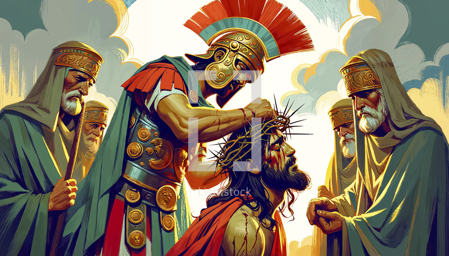 Illustration of Jesus with crown of thorns, Roman soldiers, vibrant style.