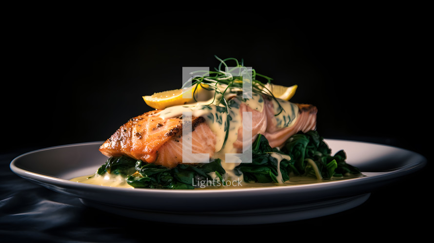 Abstract art. Colorful painting art of an exquisite plate of food. Grilled salmon with wilted spinach.