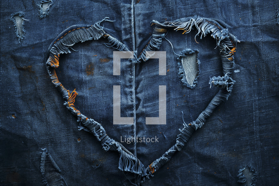 Heart-shaped denim art made from ripped jeans on a blue fabric background, representing love and recycled fashion.