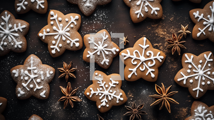 Flat lay composition of christmas cookies background.